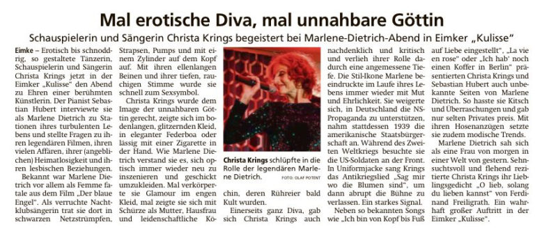 Rezension im Uelzener Anzeiger über den Liederabend mit Christa Krings mit "Marlene - I am Good".